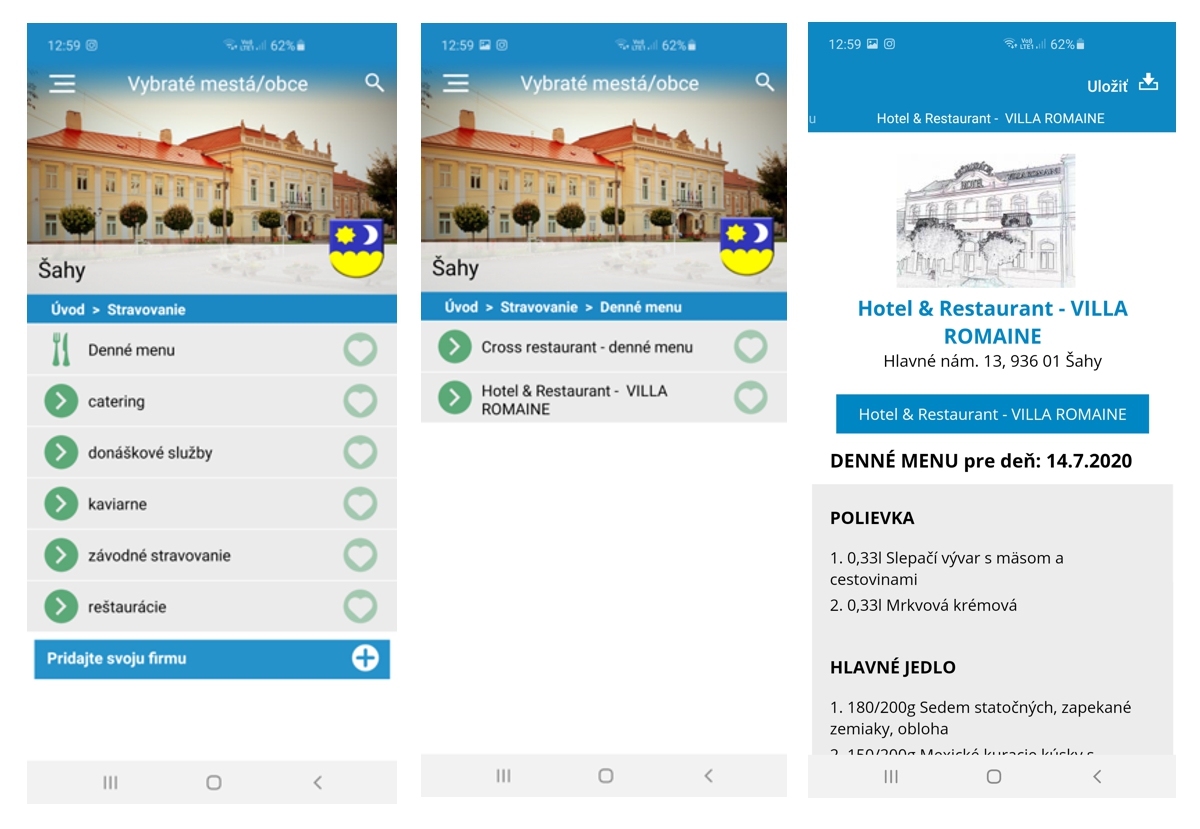 Denn menu retaurcie na strnke mesta v mobilnej aplikcii Virtualne